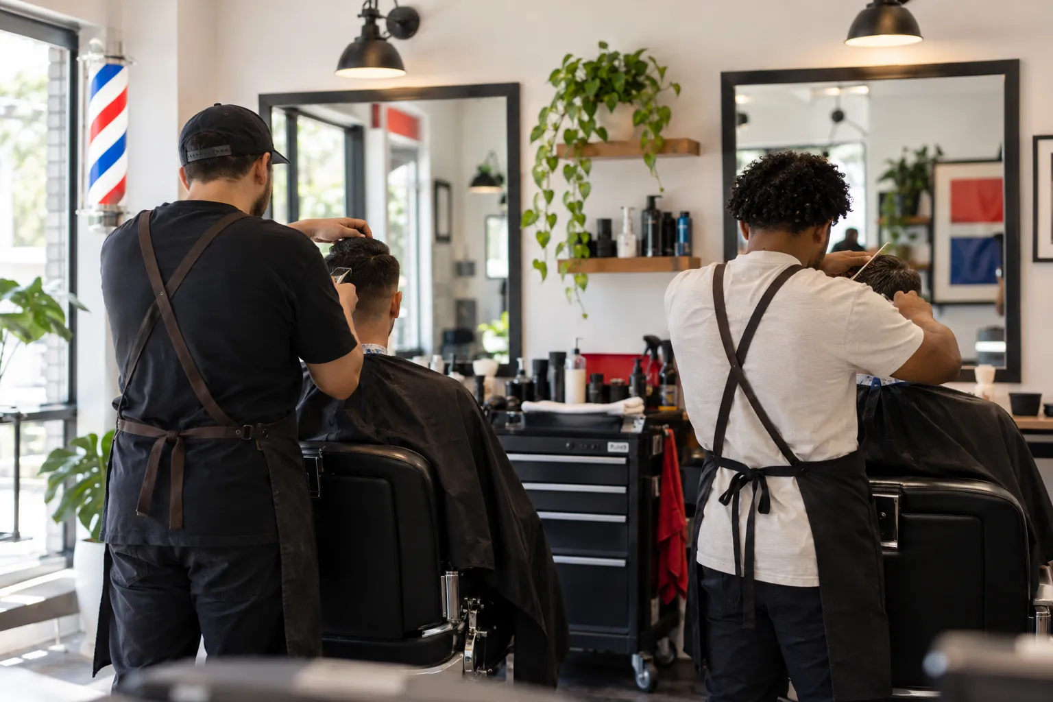 AI-generated stock-style image of two adult barbers cutting adult clients' hair at adjacent stations, photographed from behind with faces out of view.