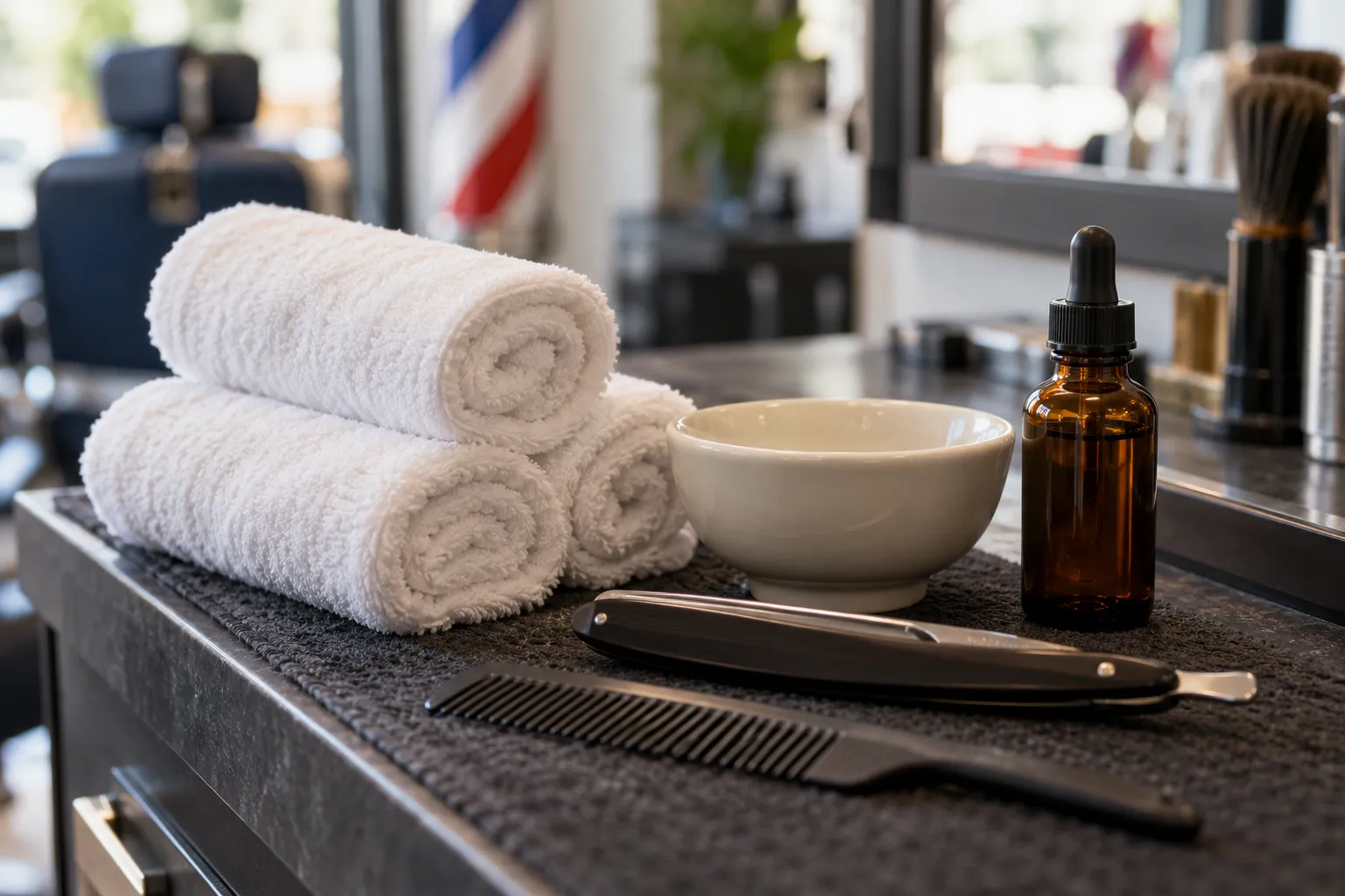 AI-generated stock-style image of rolled white towels, a ceramic bowl, an unlabeled amber bottle, a comb and a closed folding razor on a charcoal workstation.